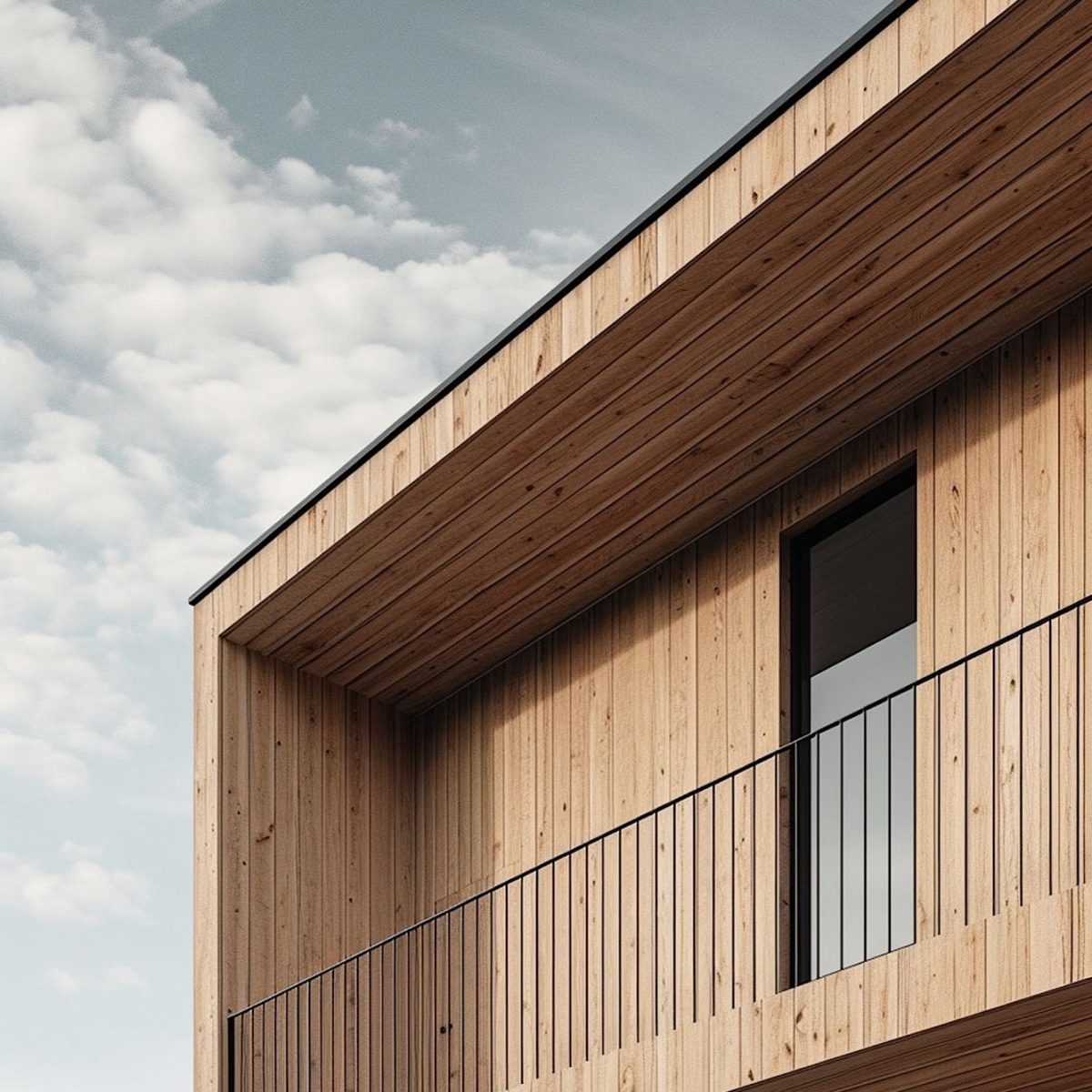 Modernes zweistöckiges Gebäude mit holzgetäfeltem Äußeren, minimalistischem schwarzen Geländer, großen Fenstern und einem klaren Himmel mit vereinzelten Wolken im Hintergrund.