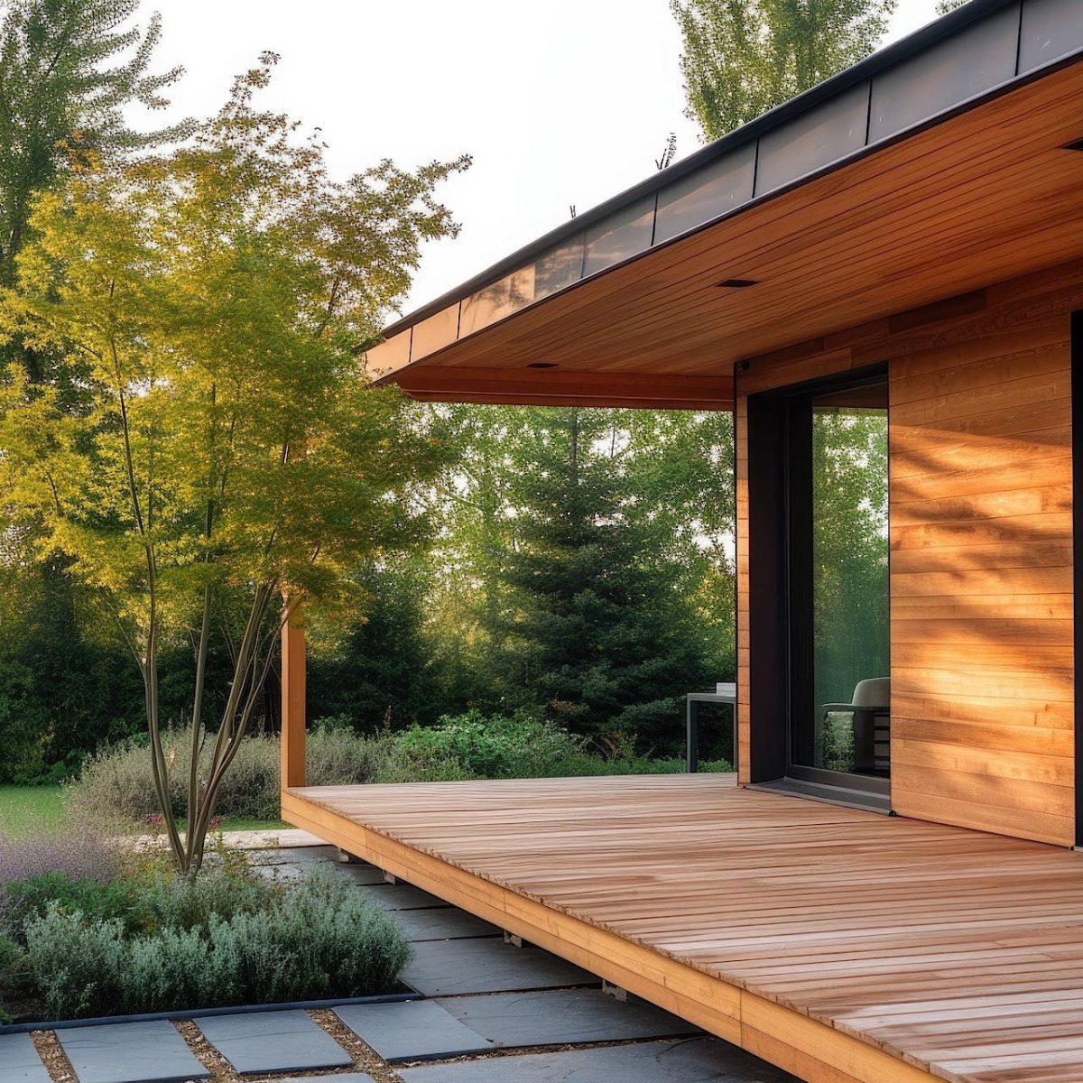 Ein modernes Holzhaus mit großen Fenstern und einer geräumigen Terrasse mit Blick auf einen begrünten Hof mit Bäumen und Sträuchern.