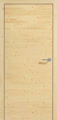 Eine geschlossene Holztür mit einer hellen, natürlichen Oberfläche und einem einfachen Metallgriff auf der rechten Seite.