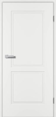 Eine geschlossene weiße Tür mit einem rechteckigen silbernen Griff und zwei rechteckigen Platten, die an sichtbaren Scharnieren befestigt sind.