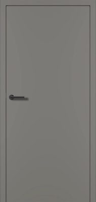 Eine geschlossene schlichte graue Tür mit einem schwarzen Griff auf der linken Seite.